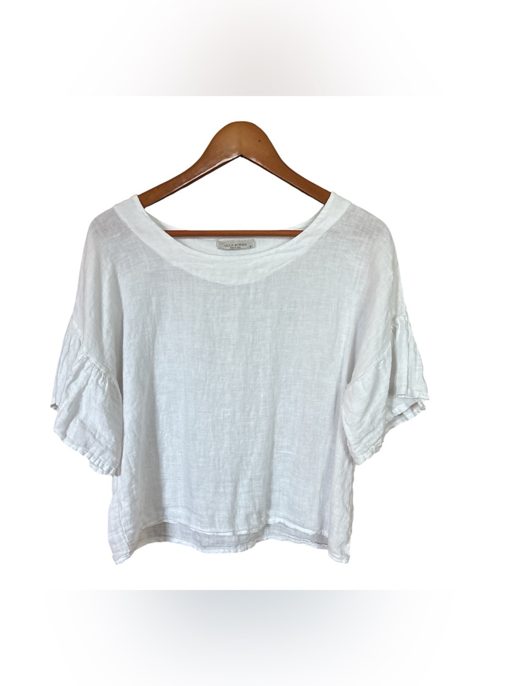 Viola Borghi Women’s Small White Smocked 100% Linen Flutter Sleeve  Capsule Euro